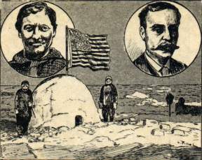 Le Dr Cook au Ple Nord photographie ses deux compagnons esquimaux, sa hutte de neige et le drapeau amricain (d'aprs le New-York-Hrald). A gauche Cook,  droite Peary.